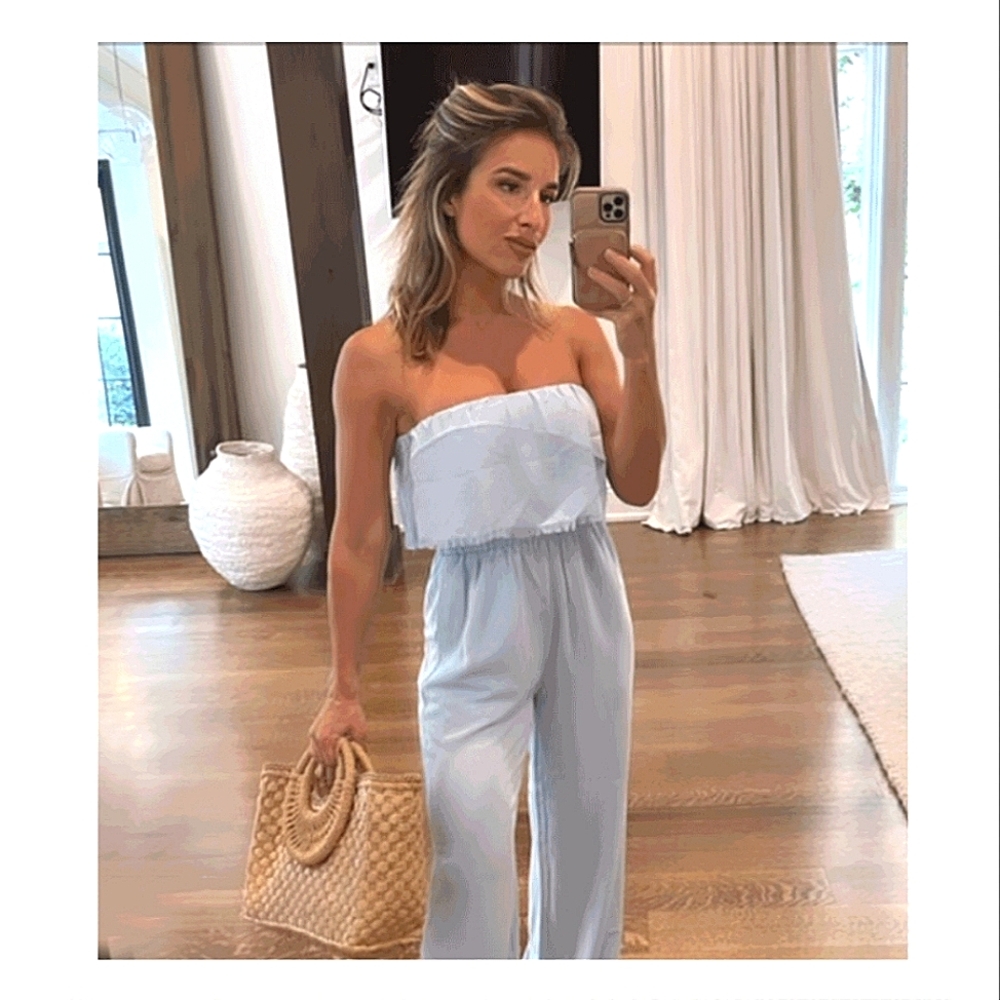 📣 Kittenish Women's Light Blue Strapless Frayed Hem "Lyssa" Jumpsuit NWT Size M